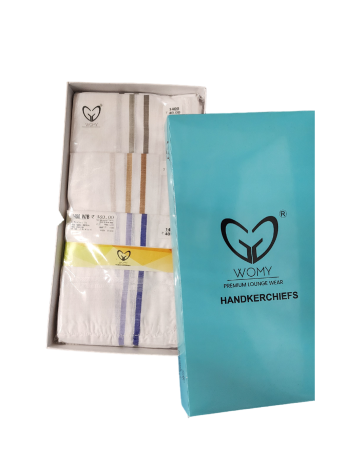 Womy Premium Pure White Cotton 1400 WB  | Luxurious Satin Border Handkerchief - Pack of 12