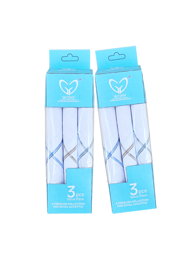 Womy Pure Cotton Handkerchief 5700 WB | Luxurious Gift Set For Men | White Color With Satin Border - 4 Sets of Pack Of 3
