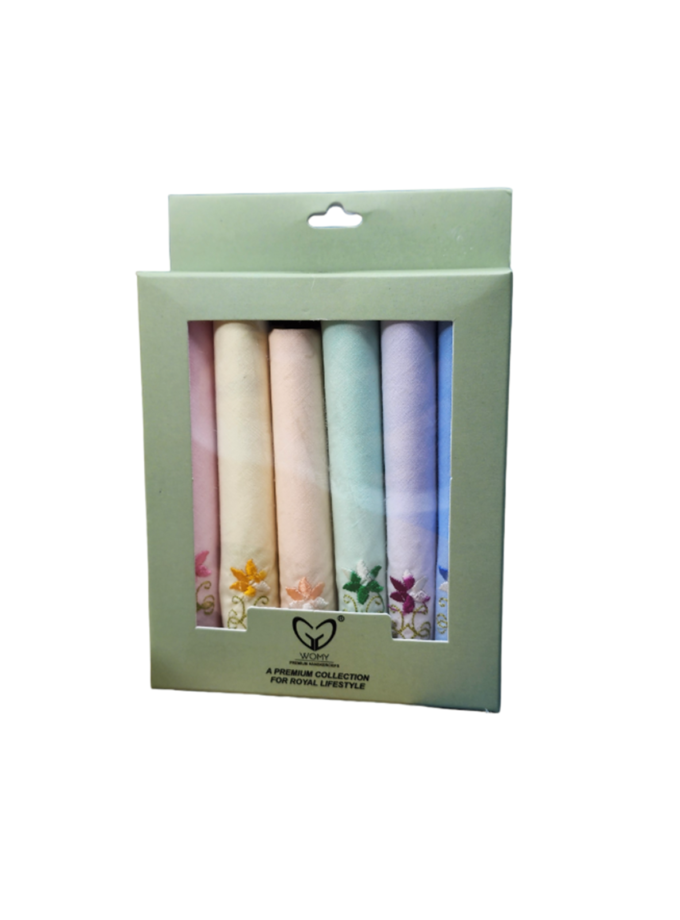 Womy Pure Cotton Embroidery Handkerchief | Luxurious Gift Set For Women | 6 Diffrernt Colours With Computer Embroidey - 2 Packs 06 Pcs