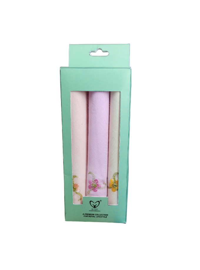 Womy Pure Cotton Embroidery Handkerchief | Luxurious Gift Set For Women | 6 Different Colours With Computer Embroidery - 2 Packs of 3pcs & 1 Pack of 6pcs Of 6