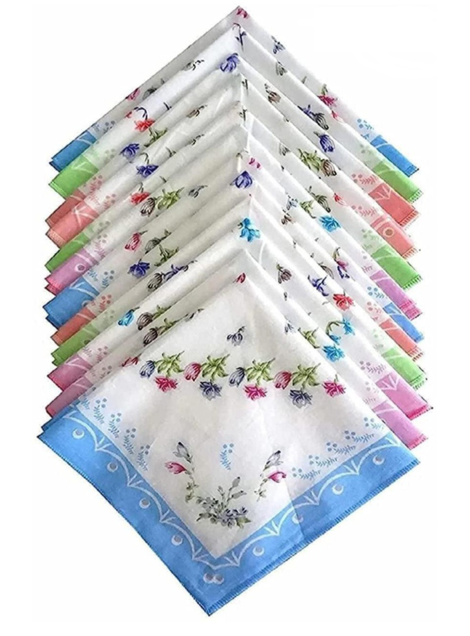 Womy Pure Cotton Handkerchief Gulab Design 09 | Luxurious Gift Set For Women | Flower Prints - 2 Gift Packs Of 6pcs Each