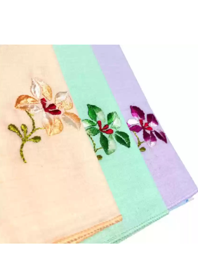 Womy Pure Cotton Embroidery Handkerchief | Luxurious Gift Set For Women | Flower Computer Embroidery - Pack Of 24, 36, 48 Pcs