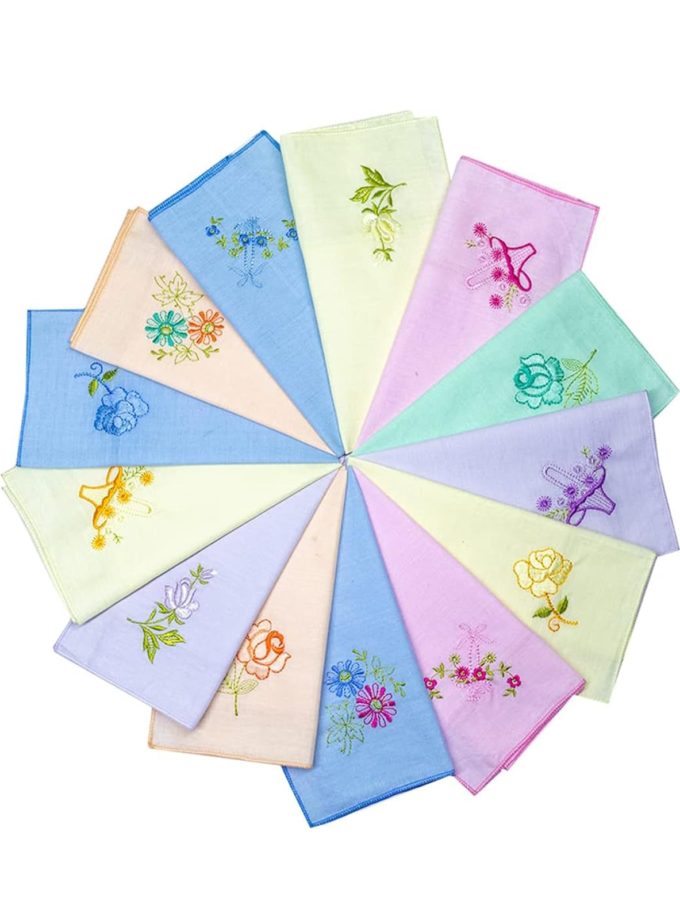 Womy Pure Cotton Embroidery Handkerchief | Luxurious Gift Set For Women | Flower Computer Embroidery - Pack Of 24, 36, 48 Pcs