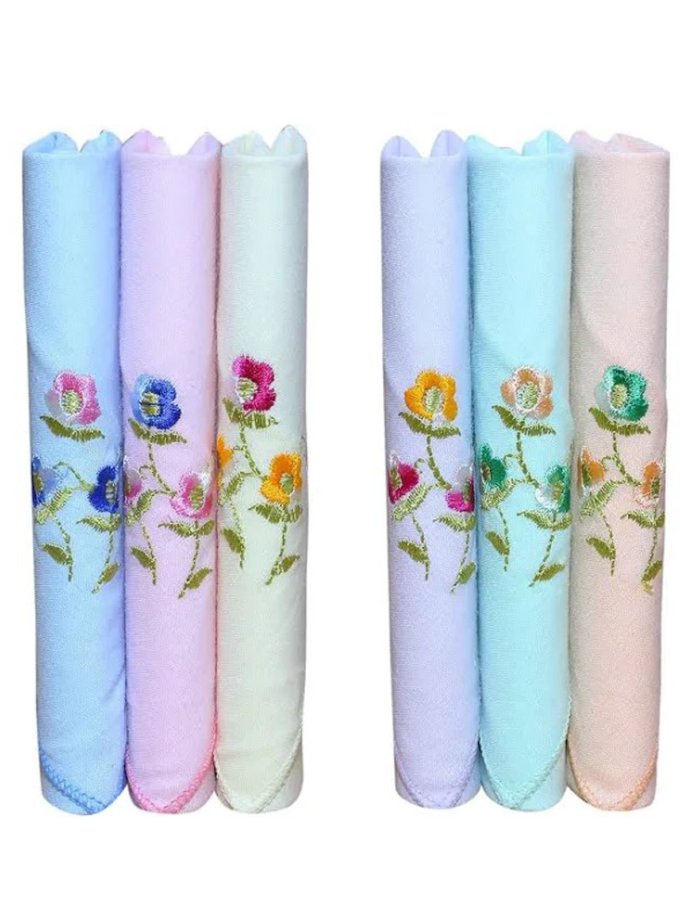 Womy Pure Cotton Embroidery Handkerchief | Luxurious Gift Set For Women | 6 Diffrernt Colours With Computer Embroidey - 2 Packs 06 Pcs