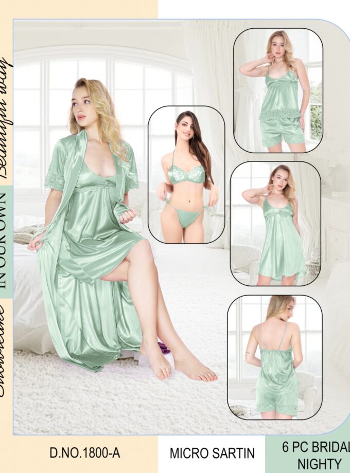 Luxury Bridal 6-Piece Nightwear Set – Micro Satin Honeymoon Collection Mint Green