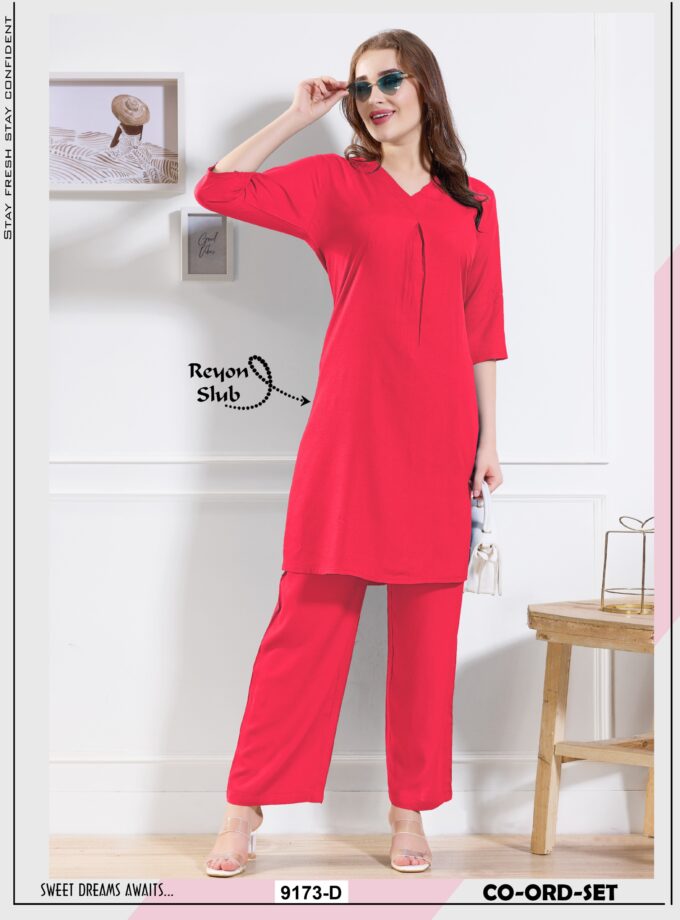 Womy Extra-Long Kurti Co-Ord Set for Women – Premium Rayon Slub in Solid Colours - Dark Pink