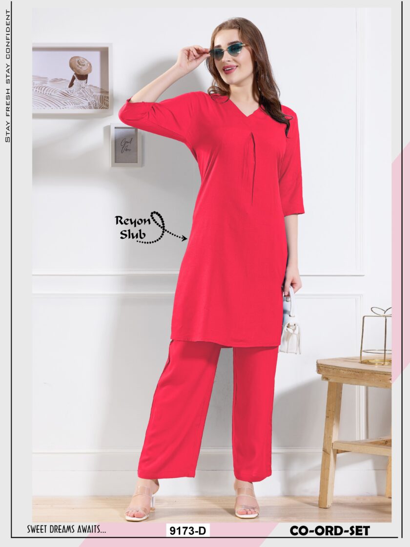 Womy Extra-Long Kurti Co-Ord Set for Women – Premium Rayon Slub in Solid Colours - Dark Pink