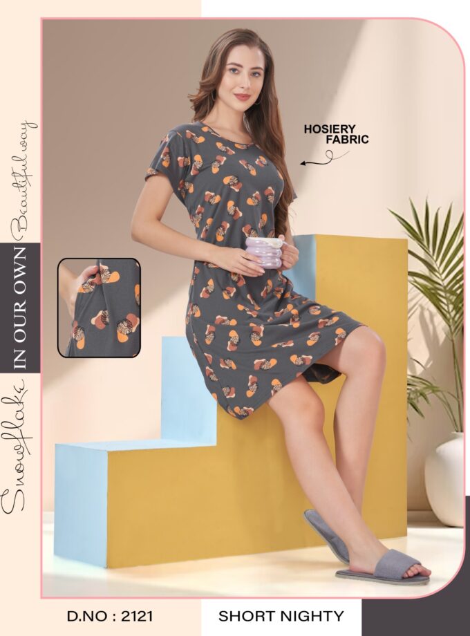 Hosiery Short Nighty – Round Neck | Premium Mill-Printed Hosiery - Dark Grey