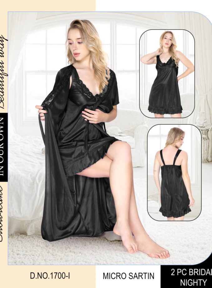Womy Short Nighty with Satin Coat – 2-Piece Nightwear Set - Black