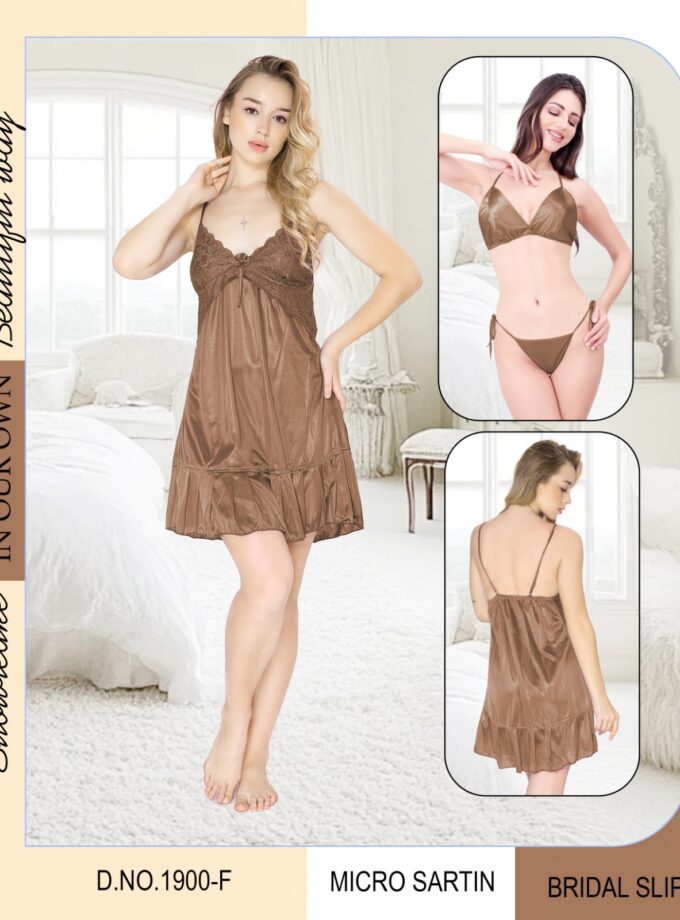 Womy Luxe Bridal 3PC Set – Slip with Bra & Panty - Brown