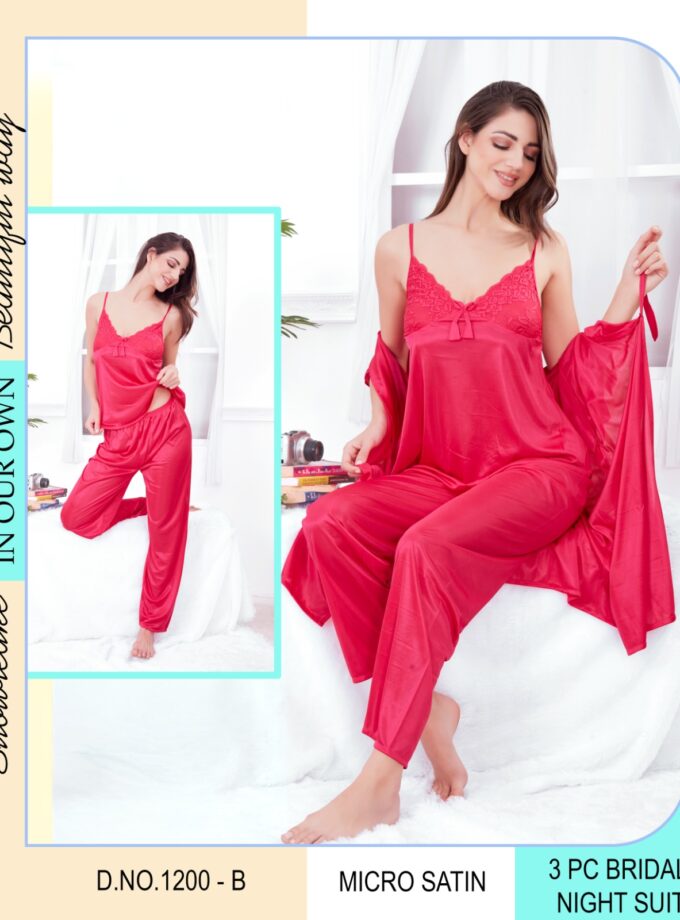 Womy 3PC Satin Nightwear Set – Slip Dress, Pyjama & Matching Robe - Rose Pink