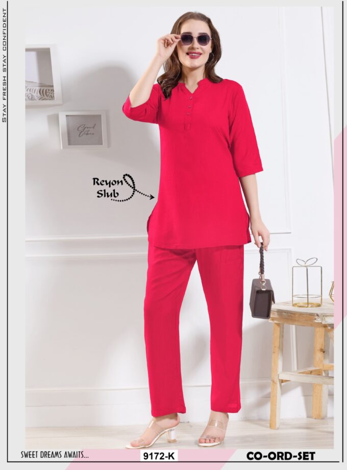 Womy Premium Women’s Co-Ord Set with Long Kurti – Solid Colours in Rayon Slub - Pink