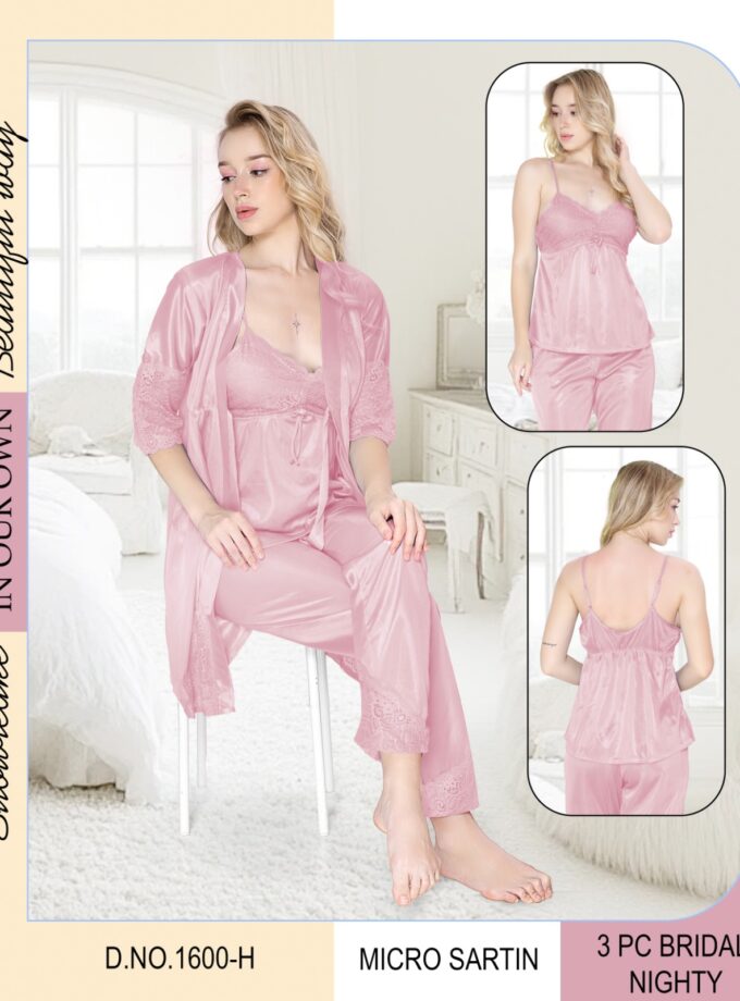 Timeless Bridal Nightwear Set – 3PCS Satin Slip, Pyjama & Robe with Delicate Lace - Light Pink