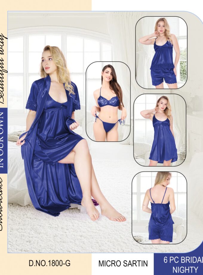 Royal Romance 6-Piece Bridal Nightwear Set – Luxurious Satin Comfort - Dark Blue