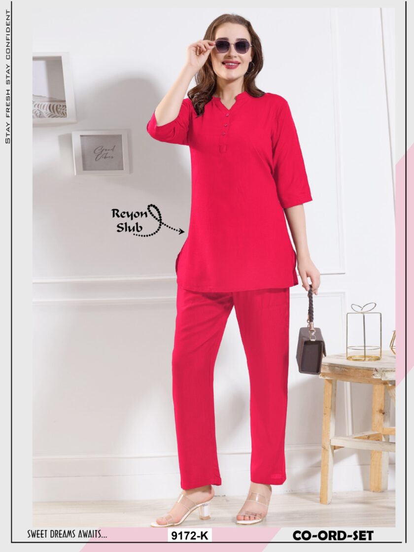 Womy Premium Women’s Co-Ord Set with Long Kurti – Solid Colours in Rayon Slub - Pink