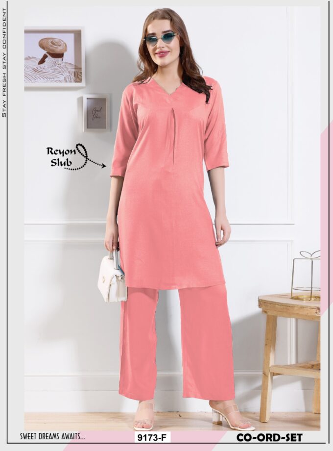 Womy Women’s Extra-Long Co-Ord Set – Solid Rayon Slub Kurti with Pants - Baby Pink