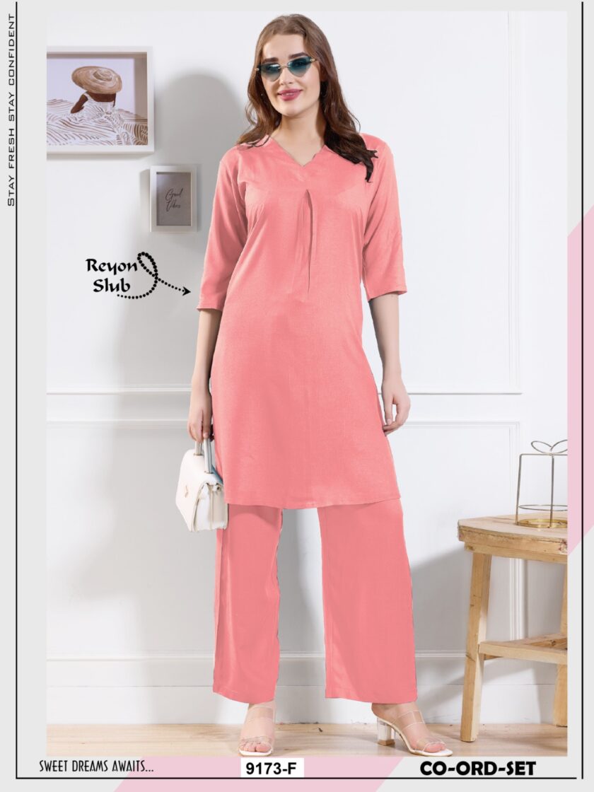 Womy Women’s Extra-Long Co-Ord Set – Solid Rayon Slub Kurti with Pants - Baby Pink