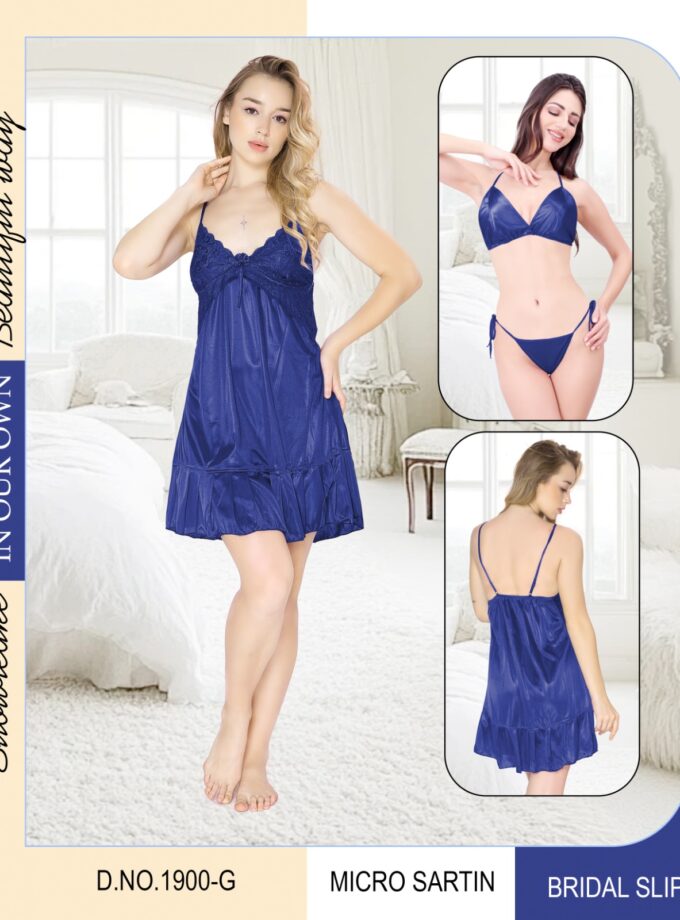 Womy Bridal Charm 3PC Set – Slip with Bra & Panty - Dark blue