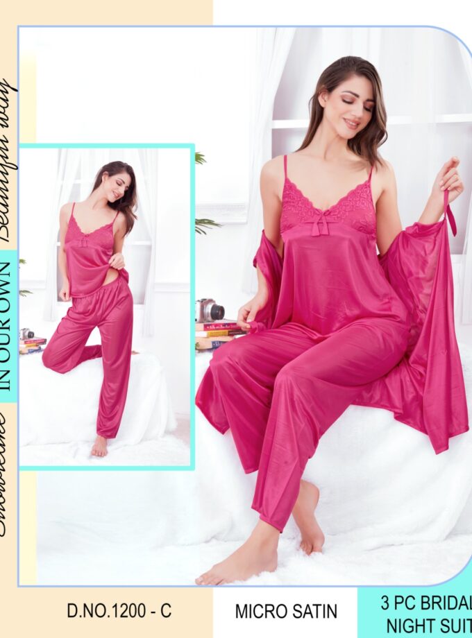 Womy Premium 3-Piece Nightwear Set – Slip | Pyjama | Robe | Dark Pink