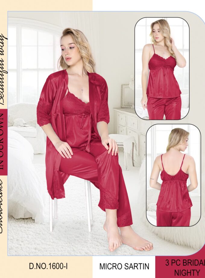 Elegant 3PCS Bridal Nightwear Set – Satin Slip, Pyjama & Housecoat with Premium Lace - Rose Pink