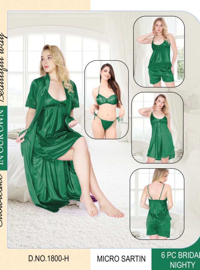 Elegant 6-in-1 Bridal Nightwear Set – Soft Satin Loungewear Collection - Dark Green