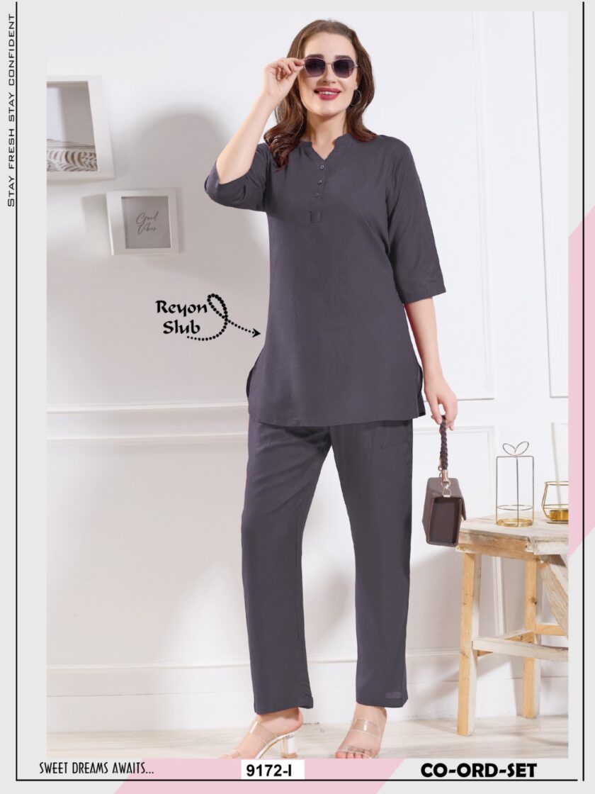 Womy Women’s Premium Co-Ord Set – Long Kurti in Rayon Slub with Solid Colours - Dark Grey