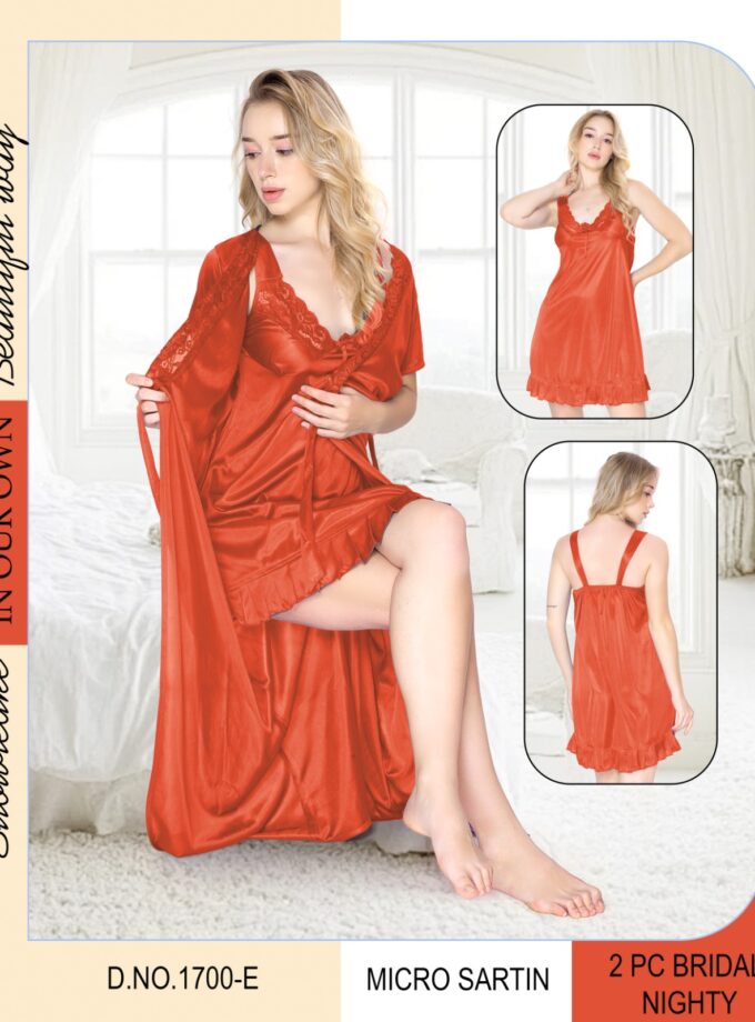 Luxury Satin Short Nighty with Matching Coat – 2 PC Set - Red