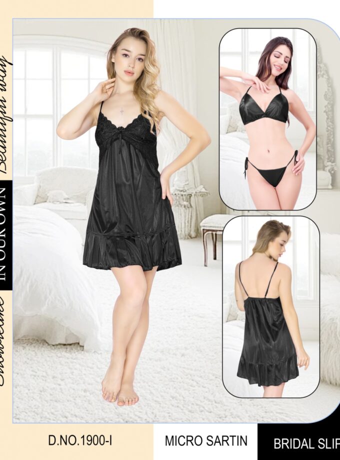 Womy Luxé Bridal Slip Set – Satin Elegance with Bra & Panty - Black