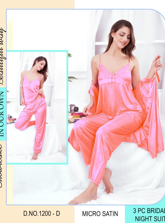 Womy 3PC Bridal Nightwear Set – Slip, Pyjama & Robe - Light Pink
