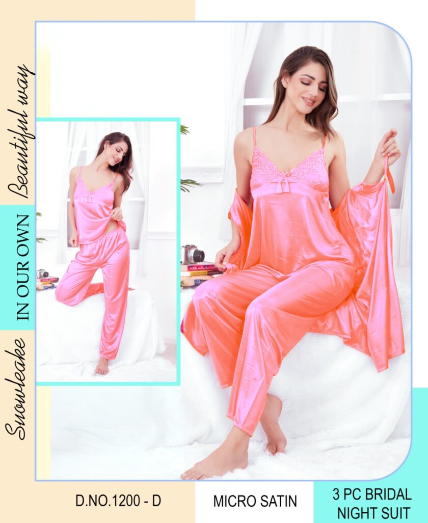 Womy 3PC Bridal Nightwear Set – Slip, Pyjama & Robe - Light Pink