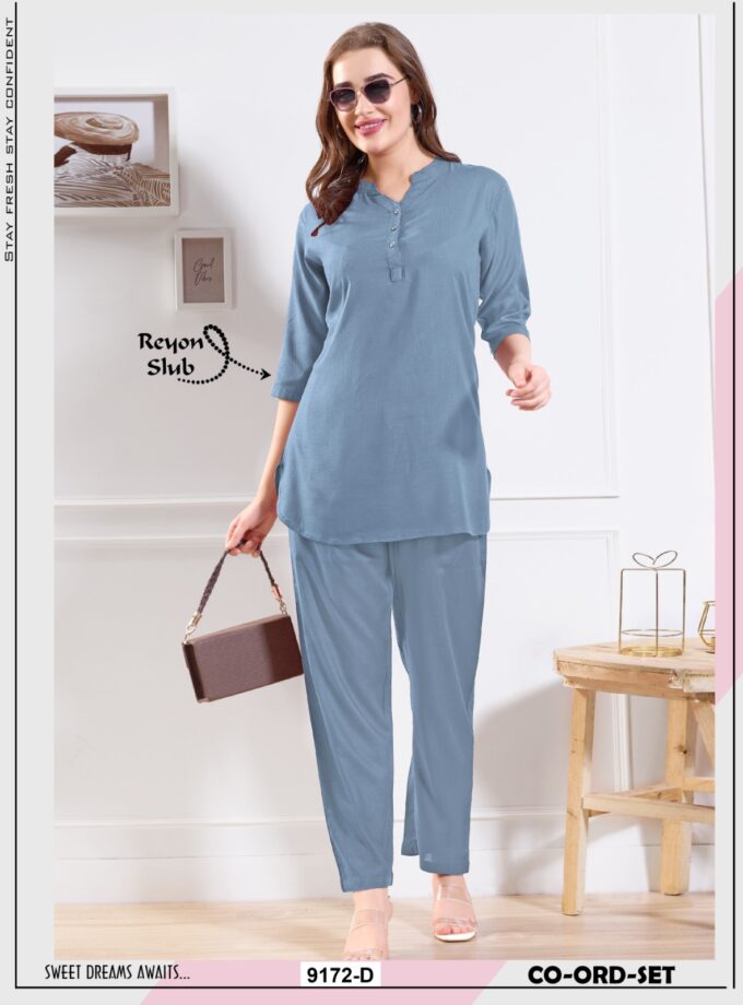 Womy Solid Co-Ord Set for Women – Long Kurti in Premium Rayon Slub - Light Grey