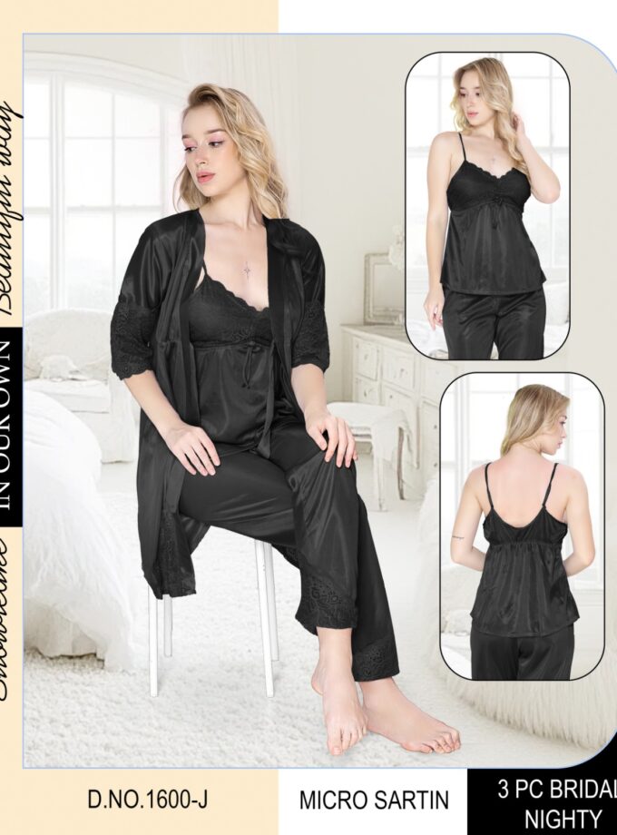 Bridal Dreamwear 3PCS Set – Satin Slip, Pyjama & Housecoat with Delicate Lace - Black