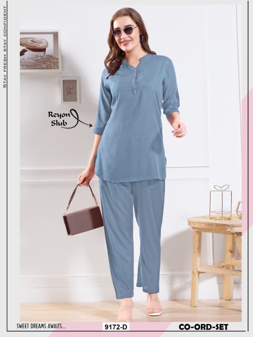 Womy Solid Co-Ord Set for Women – Long Kurti in Premium Rayon Slub - Light Grey