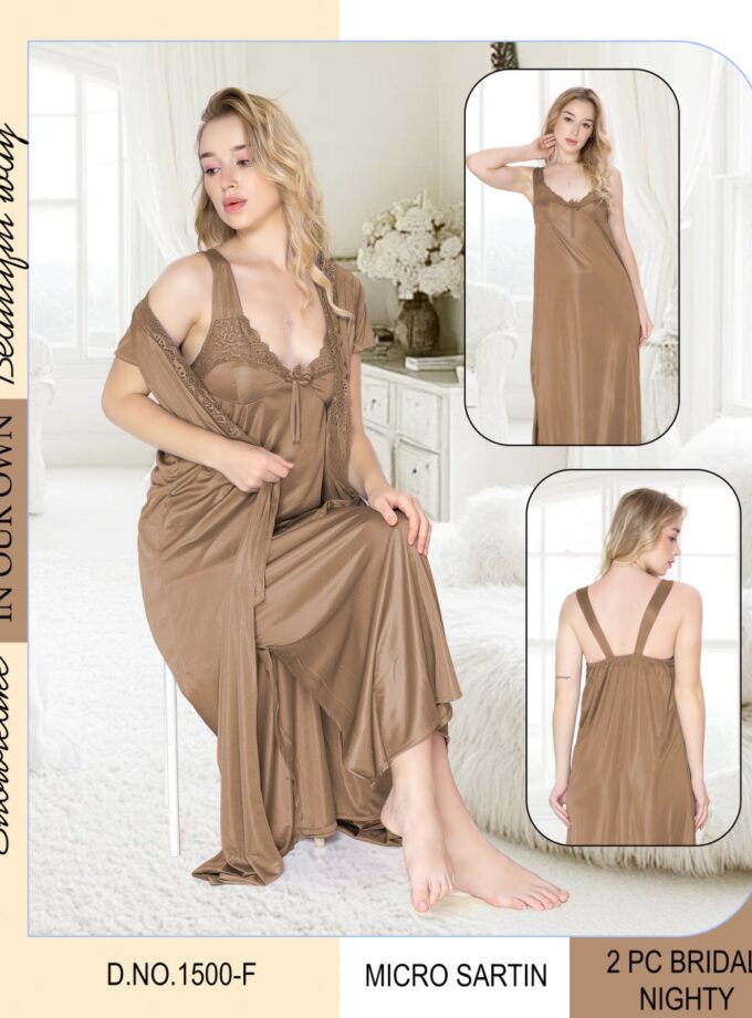 Elegant Micro Satin Knee-Length Nighty with Satin Coat – 2 PC Set - Light Brown