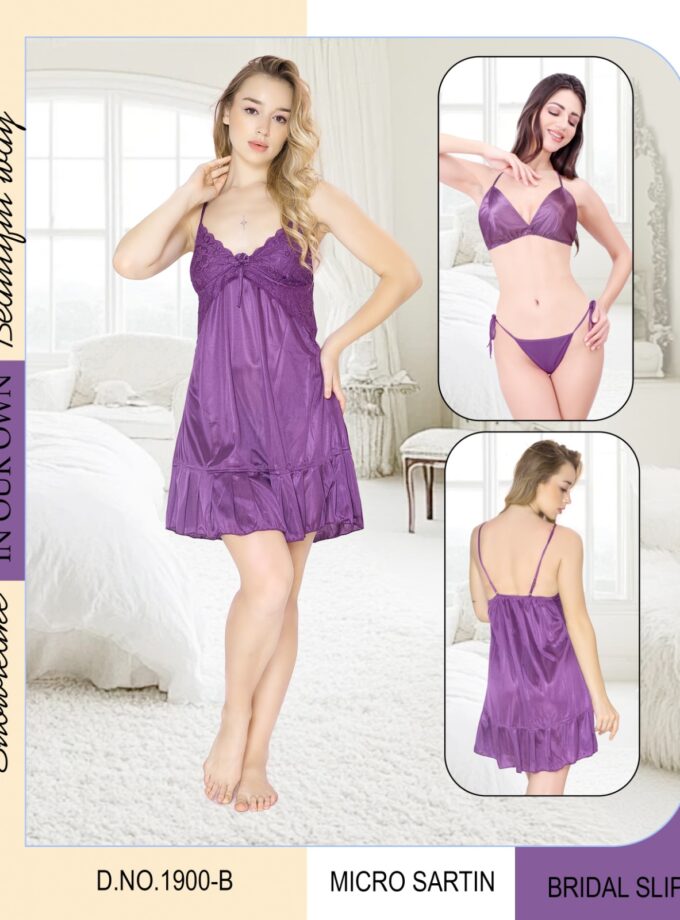 Womy Premium Satin Bridal Slip Set – Including Bra & Panty - Purple