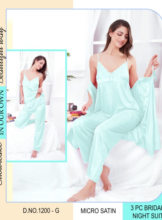 Womy Bridal Lounge Set – Slip with Pyjama & Robe (3PC Set)  - Mint Blue