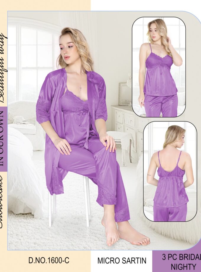 Womy Bridal 3PC Nightwear Set – Slip, Pyjama & Housecoat with Extra Lace - Purple