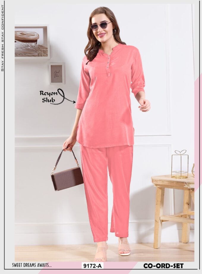 Womy Premium Co-Ord Set for Women – Long Kurti in Solid Rayon Slub - Baby Pink