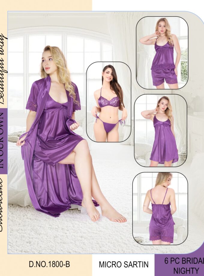 Womy Bridal 6-Piece Honeymoon Nighty Set – Micro Satin Silk | Free Size | Purple