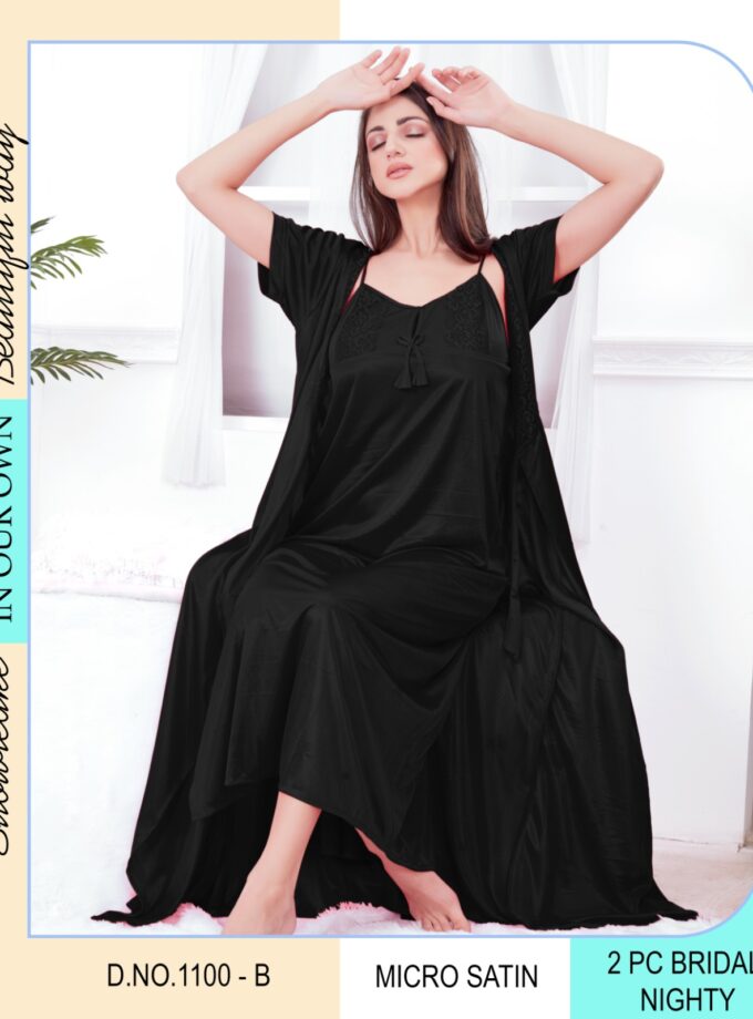 Full-Length Micro Satin Nighty with Matching Satin Coat – 2 PC Set - Black