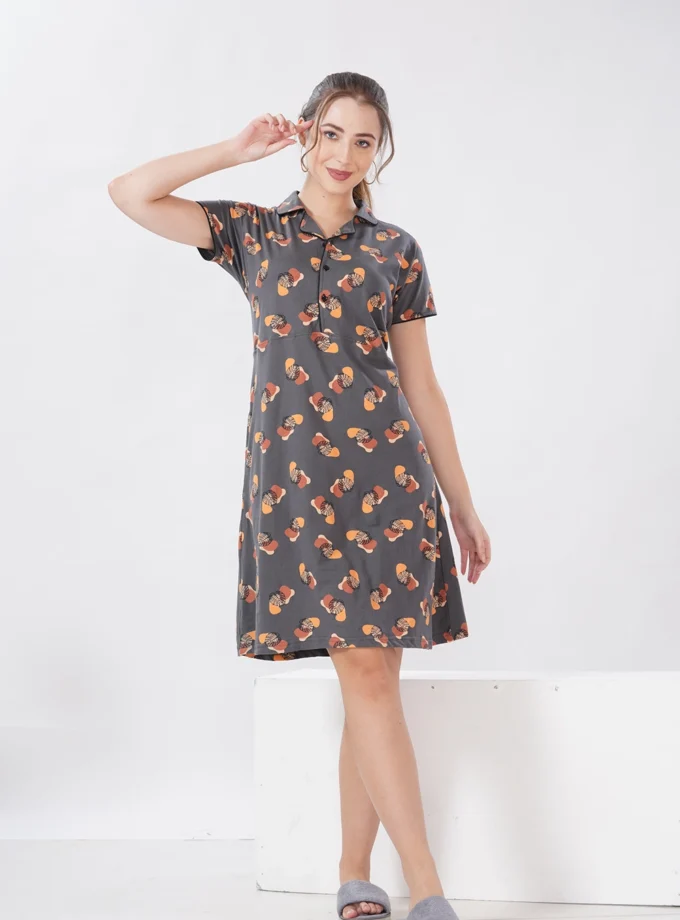 Hosiery Short Nighty – Round Neck | Premium Mill-Printed Hosiery - Dark Grey