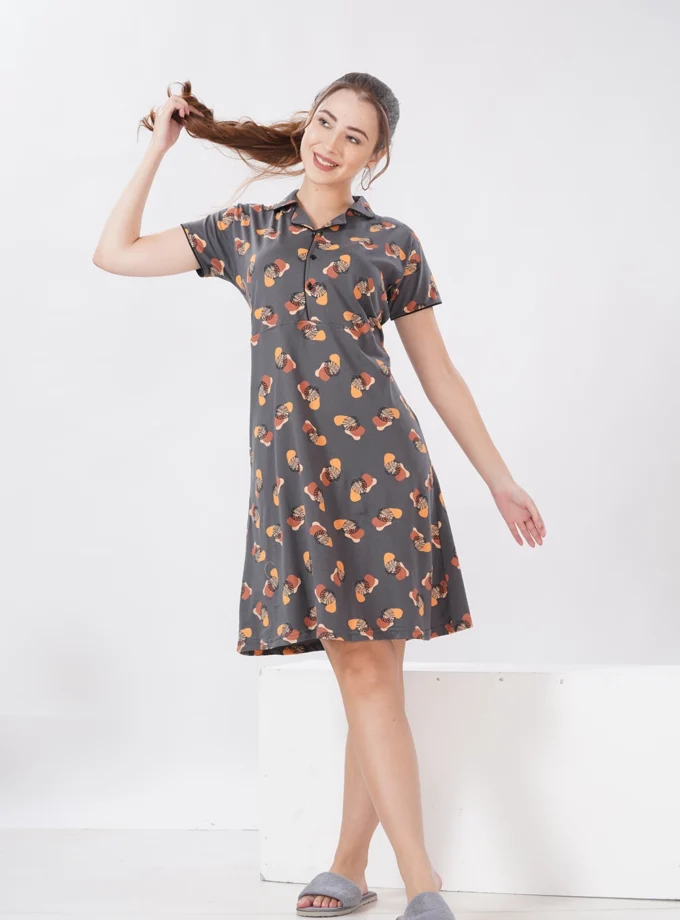 Hosiery Short Nighty – Round Neck | Premium Mill-Printed Hosiery - Dark Grey