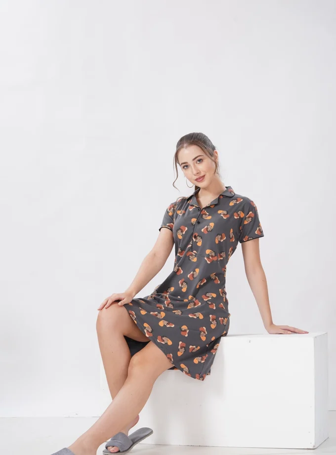 Hosiery Short Nighty – Round Neck | Premium Mill-Printed Hosiery - Dark Grey