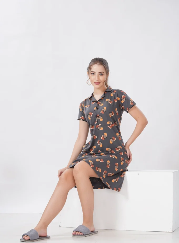 Hosiery Short Nighty – Round Neck | Premium Mill-Printed Hosiery - Dark Grey