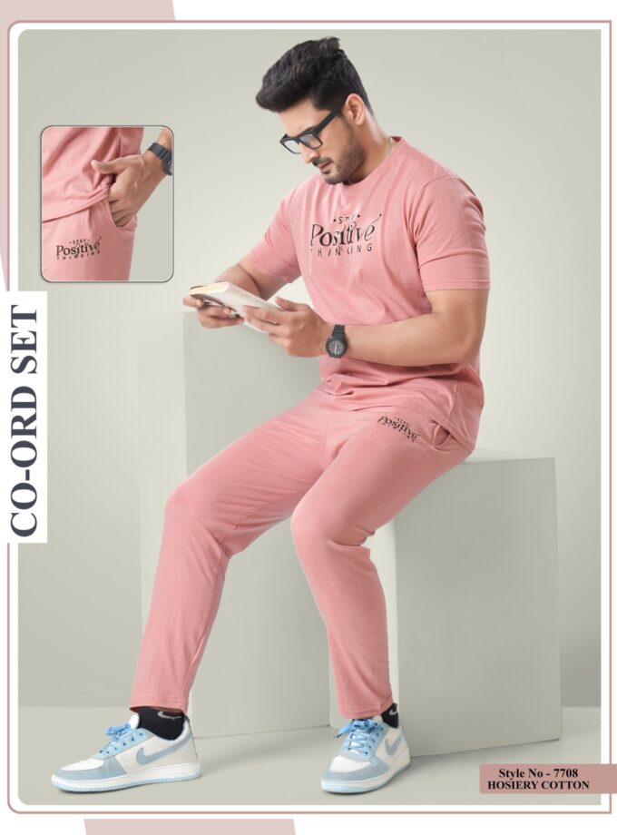 Womy Premium Men’s Full Night Suit – Soft Cotton Sleepwear Set - Peach