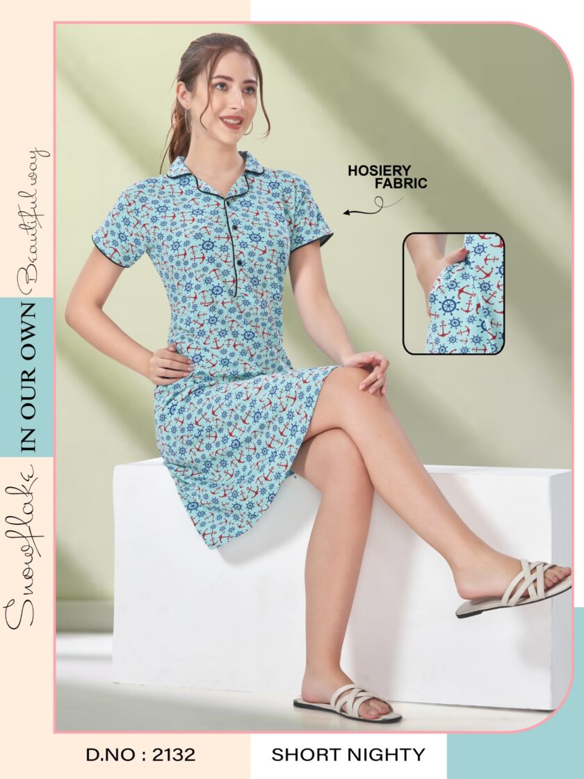 Hosiery Short Nighty – Collar Neck | Premium Comfort Nightwear | Light Blue