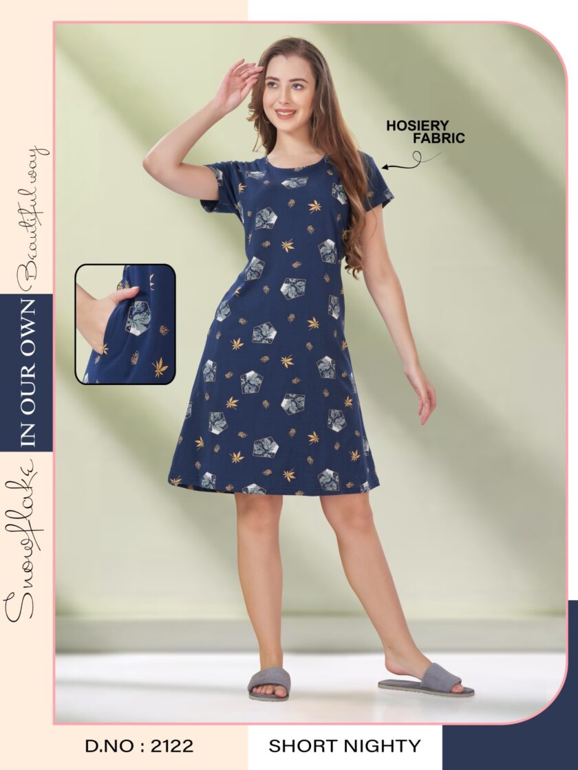 Hosiery Short Nighty – Round Neck | Everyday Comfort Nightwear | Dark Blue Floral