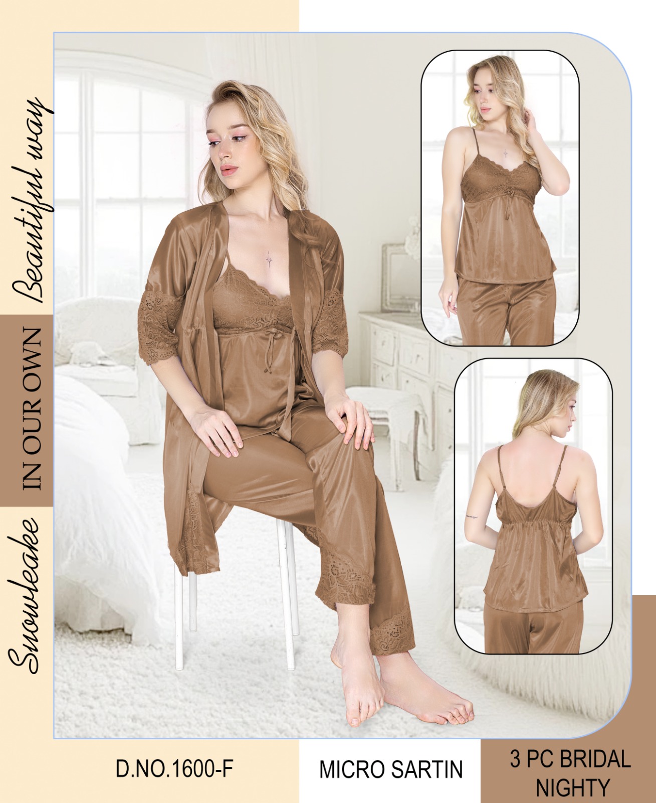 Timeless 3-Piece Bridal Nightwear Set – Satin Slip, Pyjama & Lace Robe (Brown)