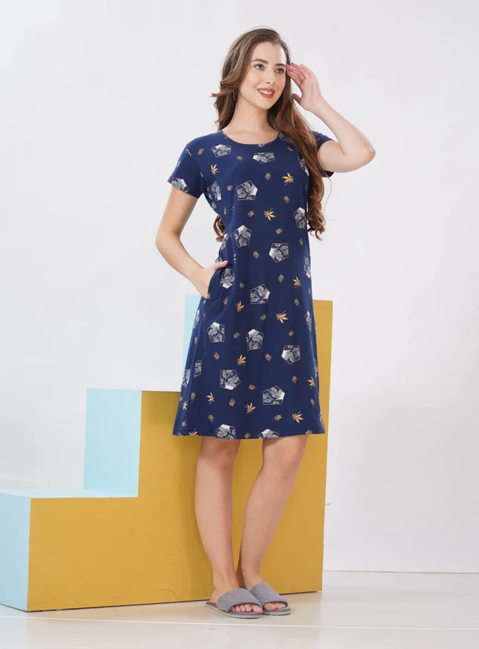 Hosiery Short Nighty – Round Neck | Everyday Comfort Nightwear | Dark Blue Floral