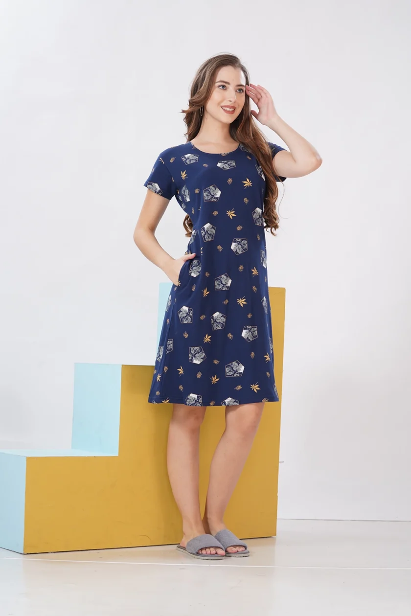 Hosiery Short Nighty – Round Neck | Everyday Comfort Nightwear | Dark Blue Floral - Image 8